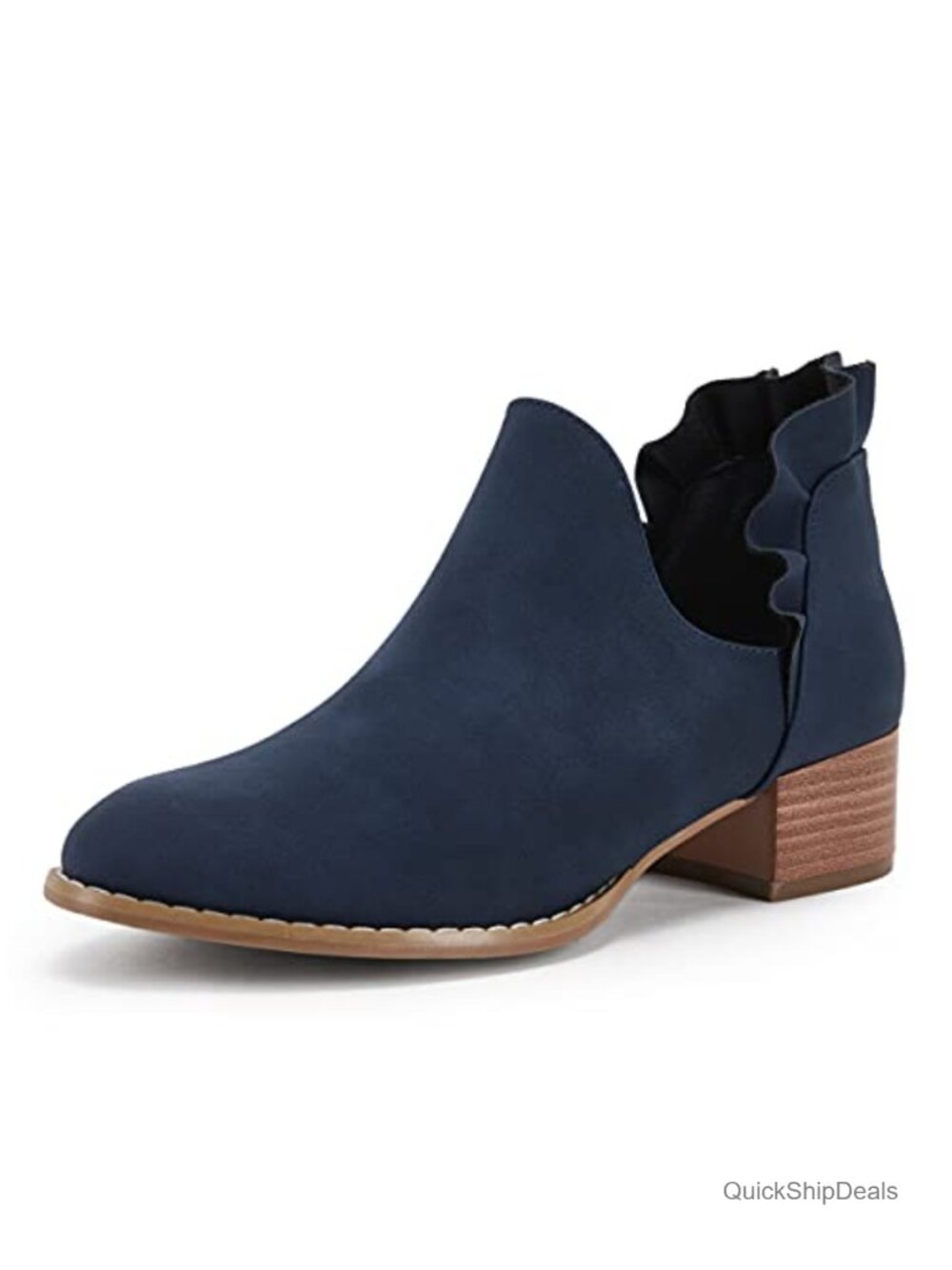 Ruffled Ankle Boots V Cut Out Pointed Toe Chunky Low Heel Western Booties